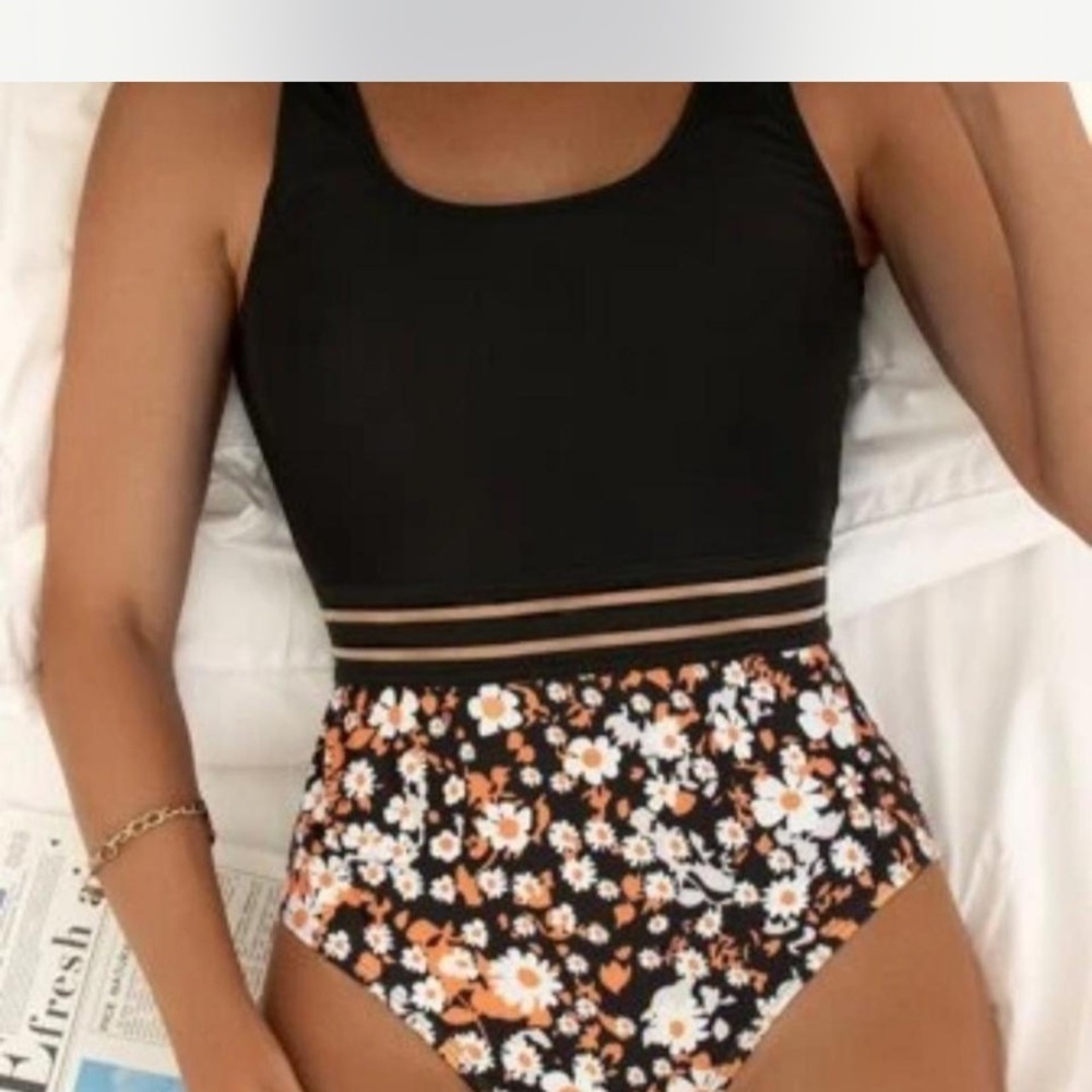 SHEIN Black Floral Vintage One-Piece Swimsuit, Size L